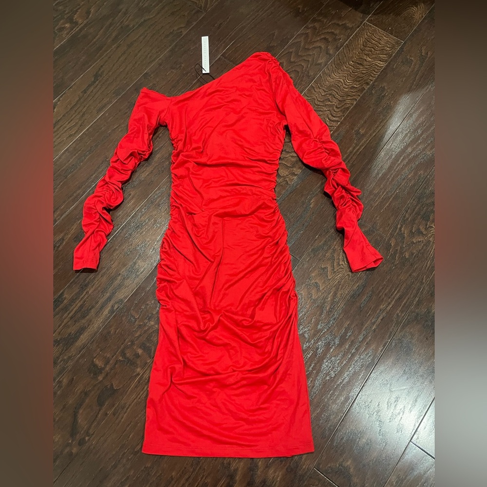Susana Monaco Revolve Open-Arm Ruched Sleeve Midi Dress Red Women Small  NEW